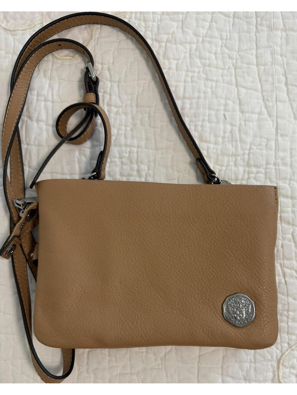 Vince Camuto Cami Crossbody Bag Sand Genuine Leather Zipper Adjustable Strap